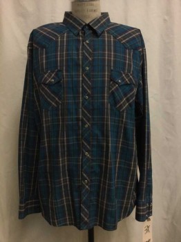 Mens, Western, WRANGLER, Teal Green, Navy Blue, Brown, White, Cotton, Polyester, Plaid, 3 XL, Teal Green/ Navy/ Brown/ White Plaid, Brown Embroiderred Trim, Snap Front, Collar Attached, Long Sleeves, 2 Flap Pockets