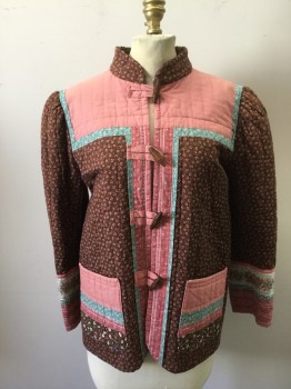Womens, Jacket, N/L, Brown, Pink, Teal Green, Cotton, Color Blocking, Floral, B 36, Solid Pink Yoke, Mandarin Collar, Striped Various Patterns at Cuff and 2 Pockets, Wood Toggle Front, Gathered Inset L/S, Vertically Quilted
