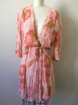 Womens, Dress, Long & 3/4 Sleeve, REFORMATION, Lt Pink, Coral Pink, Tan Brown, Viscose, Floral, B34, S, W28, Surplice Wrap, 3/4 Sleeves with Elastic Cuffs, Gathered Shoulder Seems, Flippy Skirt
