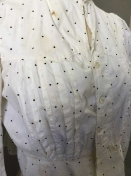 N/L, Ivory White, Black, Cotton, Polka Dots, Band Collar, Puffed Long Sleeves, Western Yoke, Button Front, Vertical Pleats Down Front. Pleats At Sleeve Cuffs, Cropped With Slight Peplem, Brown Stains All Over