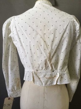 N/L, Ivory White, Black, Cotton, Polka Dots, Band Collar, Puffed Long Sleeves, Western Yoke, Button Front, Vertical Pleats Down Front. Pleats At Sleeve Cuffs, Cropped With Slight Peplem, Brown Stains All Over