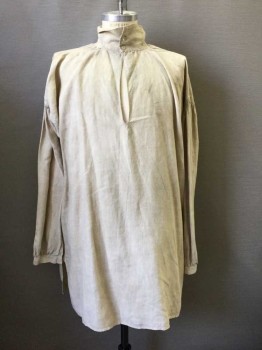 Mens, Historical Fiction Shirt, MTO, Khaki Brown, Linen, Solid, XL, Aged/Distressed, Pull Over, 2 Buttons At Neck,  Long Sleeves 1 Button Cuff, Extra Long Length