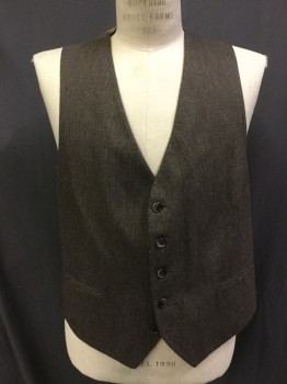 Mens, 1980s Vintage, Suit, Vest, ACADEMY AWARD, Chocolate Brown, Cream, Wool, Tweed, 42R, 5 Buttons, V-neck, 2 Welt Pocket, Lining Back with Waist Belt,