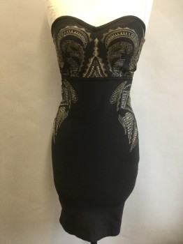ANGL, Black, Gold, Silver, Synthetic, Solid, Vertical Ribbed Tight Knit, Gold and Silver Abstract Embroidery, Sweetheart Neck, Empire Waist, Zip Back