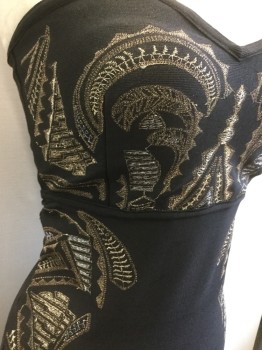 ANGL, Black, Gold, Silver, Synthetic, Solid, Vertical Ribbed Tight Knit, Gold and Silver Abstract Embroidery, Sweetheart Neck, Empire Waist, Zip Back
