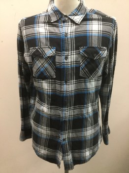 Mens, Casual Shirt, VAL SURF, Black, White, Blue, Cotton, Plaid, XL, Flannel, Long Sleeve Button Front, Collar Attached, 2 Pockets with Button Flap Closures, **Has a Double