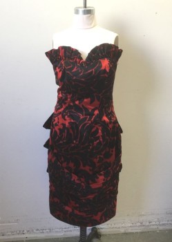 VICKY TIEL, Black, Red, Silk, Floral, Red and Black Floral Silk, Strapless, Sweetheart Bustline with Self Ruffled Edge, Sheath Fit with Dramatic 3D Bows at Center Back Waist and Hip, Draped Layer at Front Hem with Ruching at Center, Hem Below Knee, High End/Designer