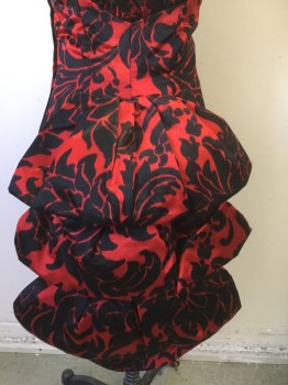 VICKY TIEL, Black, Red, Silk, Floral, Red and Black Floral Silk, Strapless, Sweetheart Bustline with Self Ruffled Edge, Sheath Fit with Dramatic 3D Bows at Center Back Waist and Hip, Draped Layer at Front Hem with Ruching at Center, Hem Below Knee, High End/Designer