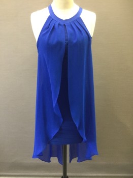 BEBE, Royal Blue, Rayon, Nylon, Solid, Stretchy Body-con Club Dress, Sleeveless, with Horizontal Ribbed Texture, Pleated Royal Blue Chiffon Overlay Attached at Neck, Hem Mini
