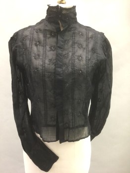 N/L MTO, Black, Cotton, Floral, Solid, Long Sleeve Button Front, Stand Collar, Vertical Pintucks and Black Embroidered Flowers Throughout, Lacework Stripes at Neck and Cuffs, Gathered at Center Back Waist, Made To Order