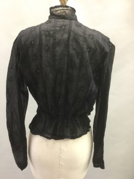 N/L MTO, Black, Cotton, Floral, Solid, Long Sleeve Button Front, Stand Collar, Vertical Pintucks and Black Embroidered Flowers Throughout, Lacework Stripes at Neck and Cuffs, Gathered at Center Back Waist, Made To Order