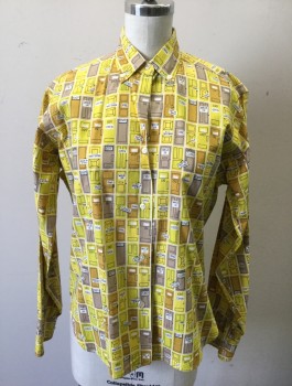 Womens, Shirt, ADELAAR, Yellow, Mustard Yellow, Taupe, White, Black, Cotton, Novelty Pattern, N:13, B40, Slv:31, Novelty Cartoon Doors Pattern with "Open", "Closed", "Out to Lunch" Etc. Signage, Long Sleeve Button Front, Collar Attached, Button Down Collar, Could Be Boys? But Buttons are on Right Side,