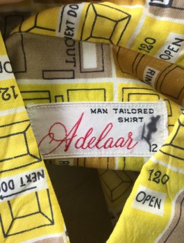 Womens, Shirt, ADELAAR, Yellow, Mustard Yellow, Taupe, White, Black, Cotton, Novelty Pattern, N:13, B40, Slv:31, Novelty Cartoon Doors Pattern with "Open", "Closed", "Out to Lunch" Etc. Signage, Long Sleeve Button Front, Collar Attached, Button Down Collar, Could Be Boys? But Buttons are on Right Side,