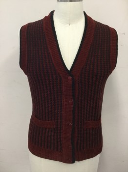 Mens, Sweater Vest, NEW HONG KONG, Cranberry Red, Black, Acrylic, Nylon, Stripes - Horizontal , 38, Crosshatched Stripes, Button Front, 6 Buttons, Ribbed Knit Lapel, 2 Pockets, Ribbed Knit Armholes/Waistband