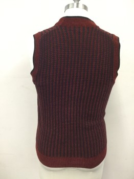 Mens, Sweater Vest, NEW HONG KONG, Cranberry Red, Black, Acrylic, Nylon, Stripes - Horizontal , 38, Crosshatched Stripes, Button Front, 6 Buttons, Ribbed Knit Lapel, 2 Pockets, Ribbed Knit Armholes/Waistband