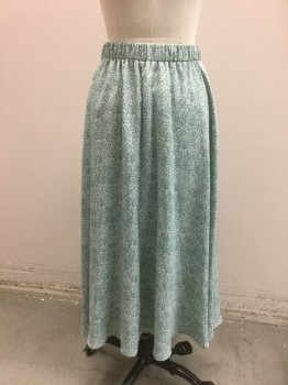 Womens, 1980s Vintage, Skirt, ANDREA GAYLE, Jade Green, White, Polyester, Abstract , Floral, W24-30, 8, Elastic Waist, A-Line, Hem Below Knee