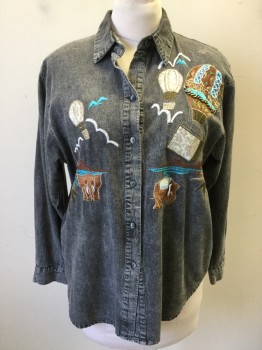 FUNSPORT, Gray, Cotton, Novelty Pattern, Stonewash Denim, Button Front, Collar Attached, Long Sleeves, Embroidered/Quilted/beaded Air Balloon Scene with Elephants