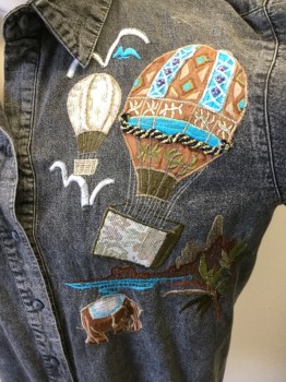Womens, Shirt, FUNSPORT, Gray, Cotton, Novelty Pattern, M, Stonewash Denim, Button Front, Collar Attached, Long Sleeves, Embroidered/Quilted/beaded Air Balloon Scene with Elephants