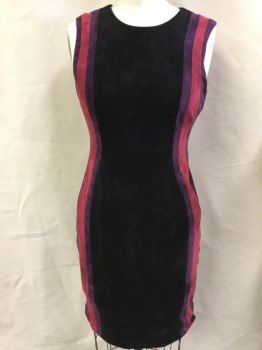 CALVIN KLEIN, Black, Plum Purple, Dk Red, Synthetic, Polyester, Stripes - Vertical , Black with Plum, Dark Red Vertical Stripes Ultra Suede,  Black Lining, Round Neck,  Sleeveless, Gold Exposed Zip Back,