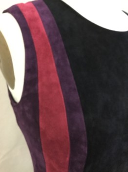 CALVIN KLEIN, Black, Plum Purple, Dk Red, Synthetic, Polyester, Stripes - Vertical , Black with Plum, Dark Red Vertical Stripes Ultra Suede,  Black Lining, Round Neck,  Sleeveless, Gold Exposed Zip Back,