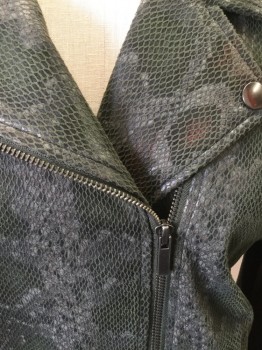 Womens, Casual Jacket, I STATE, Gray, Green, Black, Brown, Faux Leather, Reptile/Snakeskin, 6, Notched Lapel, Assymetrical Zipper, Slit Pocket, Zippers at Sleeves