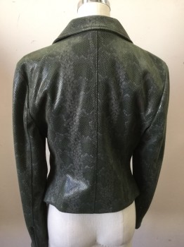 Womens, Casual Jacket, I STATE, Gray, Green, Black, Brown, Faux Leather, Reptile/Snakeskin, 6, Notched Lapel, Assymetrical Zipper, Slit Pocket, Zippers at Sleeves