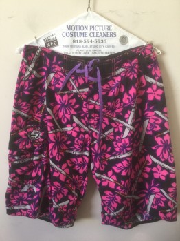 Mens, Swim Trunks, N/L, Black, Fuchsia Pink, Purple, Gray, Polyester, Floral, Novelty Pattern, W:30, Tropical Flowers with Gray Crossed Swords Pattern, Purple Shoelace Style Lacing/Ties at Center Front, Velcro Closure at Fly, 1 Cargo Pocket at Hip, 11" Inseam