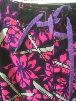 Mens, Swim Trunks, N/L, Black, Fuchsia Pink, Purple, Gray, Polyester, Floral, Novelty Pattern, W:30, Tropical Flowers with Gray Crossed Swords Pattern, Purple Shoelace Style Lacing/Ties at Center Front, Velcro Closure at Fly, 1 Cargo Pocket at Hip, 11" Inseam