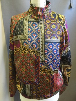 Mens, Casual Jacket, URBAN OUTFITTERS, Black, Fuchsia Pink, Gold, Royal Blue, Orange, Polyester, Spandex, Novelty Pattern, Floral, M, Mock Neck, Zip Front, Patchwork Pattern of Medallions and Floral Print, Polysatin