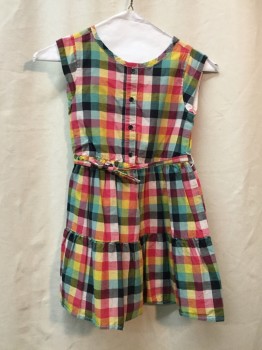 GAP, Multi-color, Cotton, Check , Hot Pink/ Navy/ Lime/ Yellow/ Sea Foam/ Blush Check, Button Front, 2 Tier Skirt, Self Belt, Sleeveless