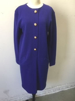 EVAN PICCONE, Royal Blue, Acrylic, Wool, Solid, Knit, Large Indigo with Gold Lion Buttons, Long Sleeves, Round Neck, Boxy Fit, Knee Length, 2 Pockets at Hips
