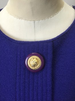 EVAN PICCONE, Royal Blue, Acrylic, Wool, Solid, Knit, Large Indigo with Gold Lion Buttons, Long Sleeves, Round Neck, Boxy Fit, Knee Length, 2 Pockets at Hips