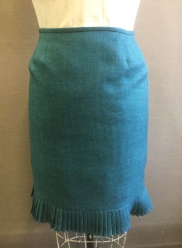 SUIT STUDIO, Turquoise Blue, Dk Gray, Polyester, Herringbone, Pencil Skirt, Self Pleated Ruffle at Hem, Invisible Zipper at Center Back, Knee Length,