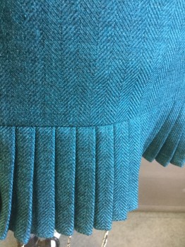 SUIT STUDIO, Turquoise Blue, Dk Gray, Polyester, Herringbone, Pencil Skirt, Self Pleated Ruffle at Hem, Invisible Zipper at Center Back, Knee Length,