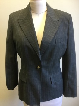 ANNE KLEIN, Gray, Off White, Polyester, Wool, Stripes - Pin, SB, Button, Peaked Lapel, Hand Picked Collar/Lapel, Plain Weave,