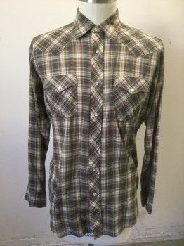 Mens, Western Shirt, CAMPUS, Brown, Navy Blue, Beige, White, Poly/Cotton, Plaid, Slv:38, N:16.5, Tall, Long Sleeves, Snap Front, Collar Attached, 2 Pockets with Flap and 1 Snap Closure, Western Style Yoke and Pocket Flaps