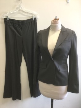 Womens, Suit, Jacket, BCBG MAX AZRIA, Dk Brown, Wool, Spandex, Solid, B: 34, M, W: 31, Single Breasted, Notched Lapel, 1 Button, Puffy Sleeves Gathered at Shoulder Seam, 3 Pockets, Dark Brown Lining