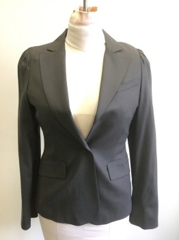 BCBG MAX AZRIA, Dk Brown, Wool, Spandex, Solid, Single Breasted, Notched Lapel, 1 Button, Puffy Sleeves Gathered at Shoulder Seam, 3 Pockets, Dark Brown Lining