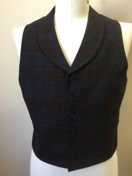 MTO, Dk Red, Blue, Wool, Plaid, Button Front, Shawl Collar, 2 Pockets, Solid Dark Red Silk Back with Self Back Belt