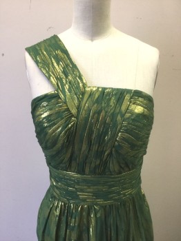 Womens, Evening Gown, AIDAN MATTOX, Moss Green, Gold, Silk, Lurex, Abstract , Paisley/Swirls, 2, Moss with Gold Metallic Abstract Paisley Pattern, Sleeveless, Asymmetric 1 Shoulder Strap, Bust, Shoulder Strap and Waist Band are Tightly Pleated with Draped/Wrapped Detail, Floor Length Hem