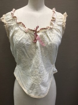 N/L MTO, Cream, Mauve Pink, Ecru, Cotton, Solid, Cream Cotton, with Cream Embroidery at Front, Ecru Lace at Armholes and Neck, Mauve Silk Satin Ribbon Interwoven at Neck, Elastic Waist, Made To Order **Has a Double