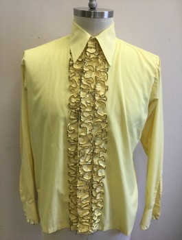 Mens, Formal Shirt, L&M FASHIONS, Yellow, Black, Poly/Cotton, Solid, S:34-5, N:16, Long Sleeve Button Front, Long Collar Attached, Ruffled Front with Black Overlocked Edge, Ruffles at French Cuffs,