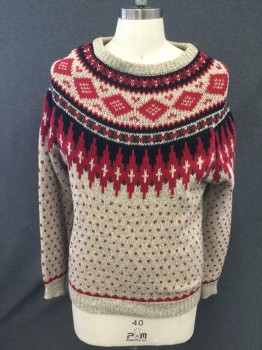 Mens, Pullover Sweater, WOOLRICH, Oatmeal Brown, Red, Dk Green, Black, Wool, Nylon, Holiday, Fair Isle, M, Stretched Crew Neck, Ribbed Knit Neck/Waistband/Cuff, Dotted, Long Sleeves
