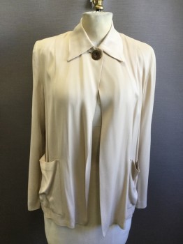 Womens, Blouse, MTO, Taupe, Polyester, Solid, S/M, 1 Brass Button Near Collar, Collar Attached, Long Sleeves, 2 Patch Pockets, Shoulder Pads, Made To Order,