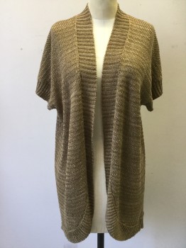 CALYPSO, Gold, Viscose, Polyester, Solid, Long Open Cardigan, Dolman Short Sleeves, Ribbed Knit Placket/Waistband/Cuffs