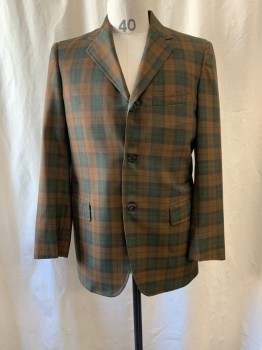 DON + DAVE, Brown, Green, Polyester, Plaid, Notched Lapel, Single Breasted, Button Front, 3 Buttons, 3 Pockets, Single Back Vent