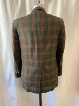 DON + DAVE, Brown, Green, Polyester, Plaid, Notched Lapel, Single Breasted, Button Front, 3 Buttons, 3 Pockets, Single Back Vent