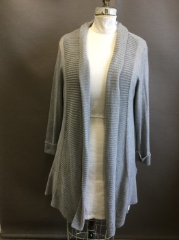 LAURA, Lt Gray, Polyester, Nylon, Solid, Ribbed Knit Shawl Collar, Open Front, Long Sleeves, Ribbed Knit Cuff, Side Slits at Hem