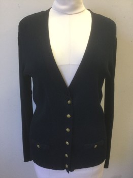 RELATIVITY, Navy Blue, Viscose, Nylon, Solid, Dark Navy (Nearly Black), Ribbed Lightweight Knit, Long Sleeves, Plunging V-neck, 6 Gold Metal Embossed Buttons, 2 Faux Pockets with Gold Button Accent