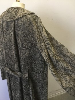 Womens, Robe, N/L, Brown, Black, Cotton, Floral, O/S, Brown with Black Swirls and Floral Brocade/Tapestry Like Fabric, Long Sleeves, Large Rounded Collar with 1 Fabric Button Closure at Neck, Ankle Length, 1920's/1930's Reproduction/MTO **Has Matching Belt